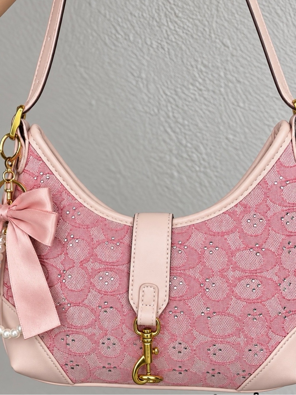 Pink Embellished Shoulder Bag with Bow and Pearl Charm